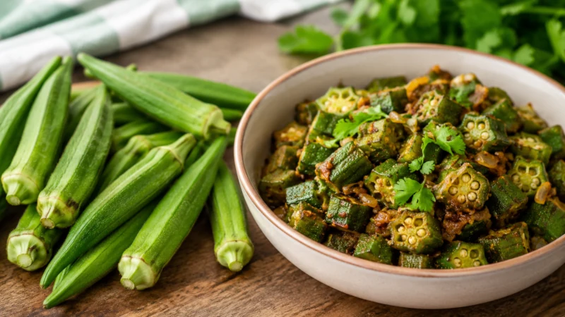Fresh okra pods beside a bowl of cooked okra