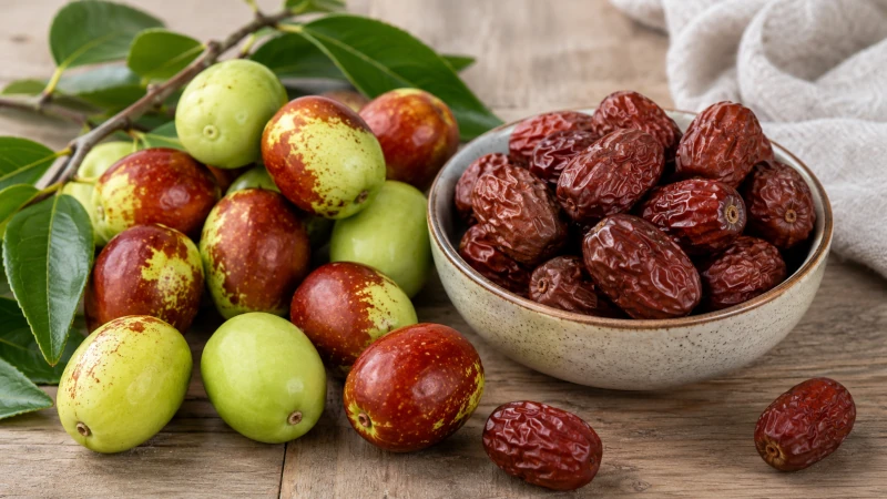 Fresh green and red jujube fruit beside dried jujubes in a small bowl