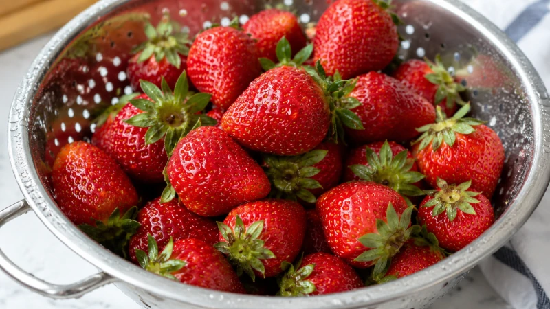 Freshly washed ripe strawberries draining in a colander.
