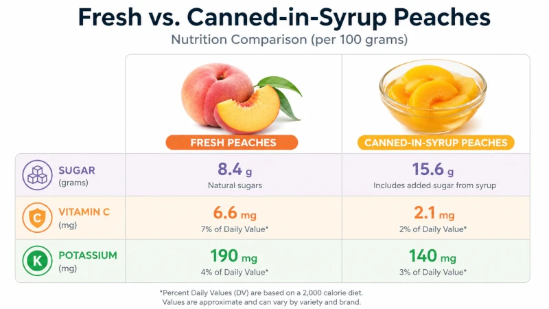 Comparison of fresh and canned-in-syrup peaches showing sugar, vitamin C, and potassium per 100 grams.