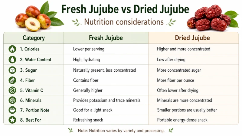 Simple chart comparing fresh jujube and dried jujube nutrition considerations
