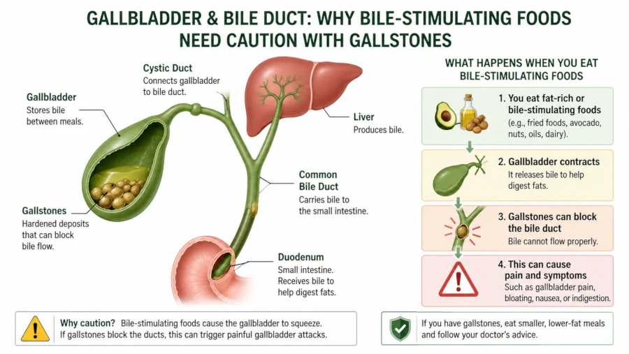 Simple diagram of the gallbladder and bile duct, illustrating why bile-stimulating foods need caution with gallstones