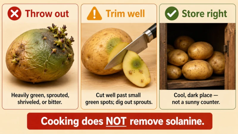 Safety guide showing which potatoes to discard, which to trim, and how to store them to prevent greening.