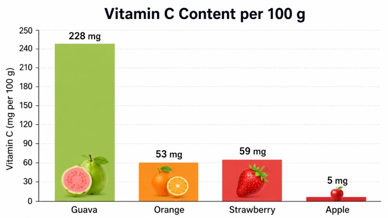 Bar chart showing the benefits of guava comparing vitamin C content of guava (228 mg), orange (53 mg), strawberry (59 mg), and apple (5 mg) per 100 grams.