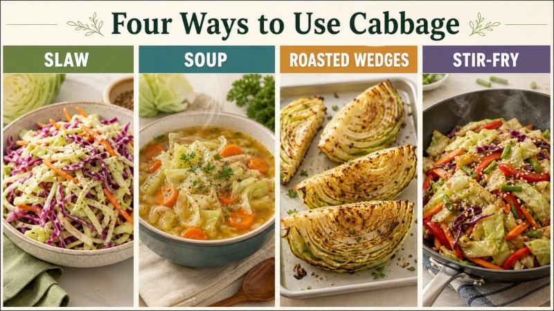 Cabbage used in slaw, soup, roasted wedges, and stir-fry.