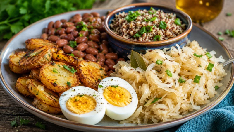 Sauerkraut served with potatoes, beans, eggs and a grain bowl
