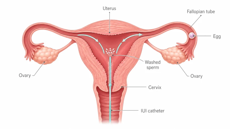 Medical diagram showing an IUI catheter placing washed sperm through the cervix into the uterus near the fallopian tubes