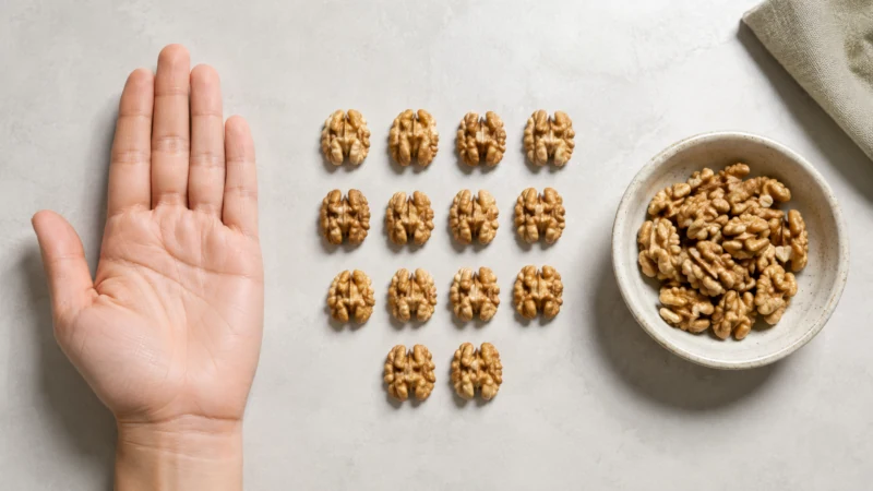 Fourteen walnut halves arranged as a typical one-ounce daily serving
