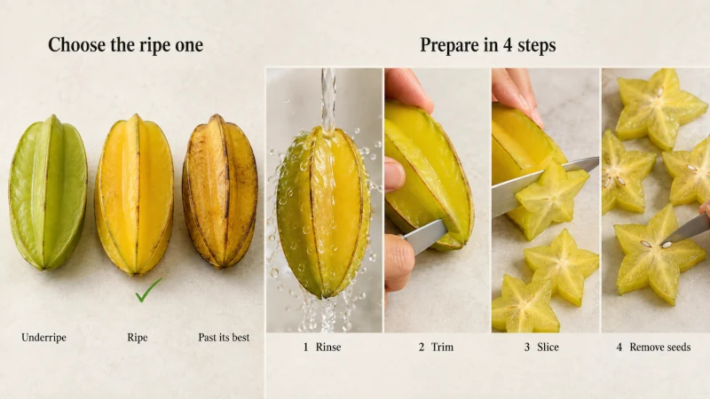 Guide showing underripe, ripe, and overripe star fruit and how to rinse, trim, slice, and remove the seeds.