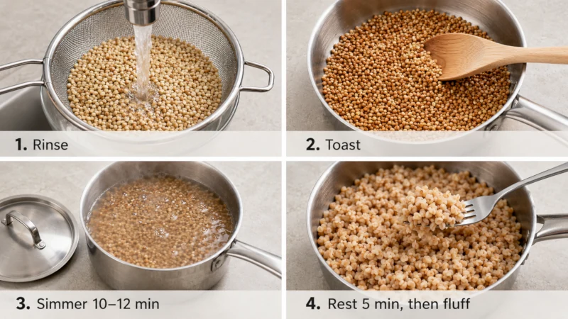 Four-step guide to cooking buckwheat groats by rinsing, toasting, simmering and fluffing.