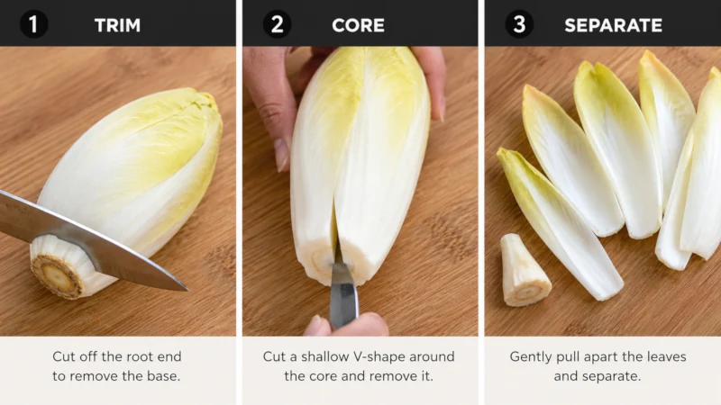 Three steps showing a Belgian endive being trimmed, cored and separated into leaves.