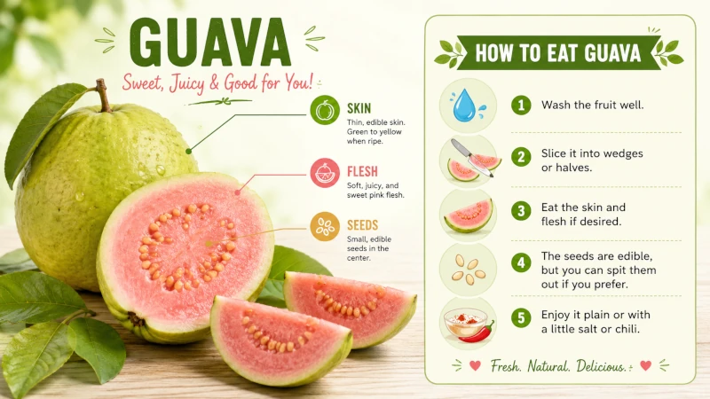 Sliced guava showing skin, flesh, and seeds with eating instructions.
