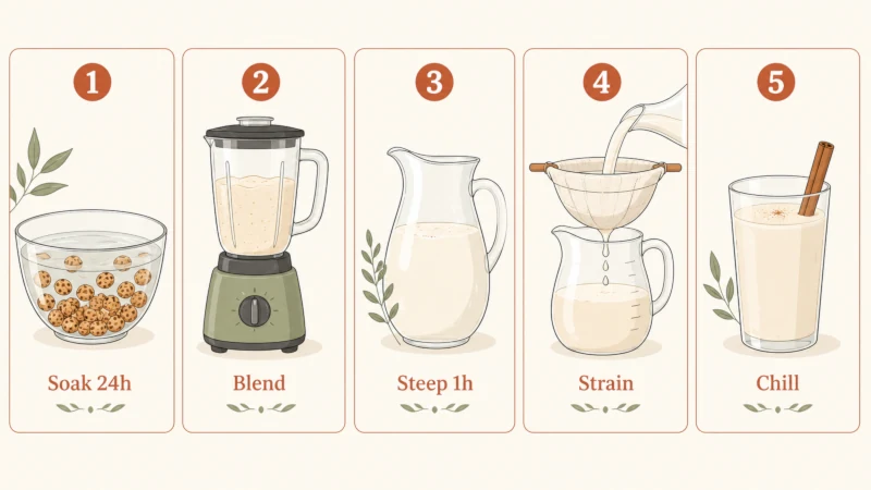 Five-step illustration of making horchata: soaking, blending, steeping, straining, and chilling tiger nuts