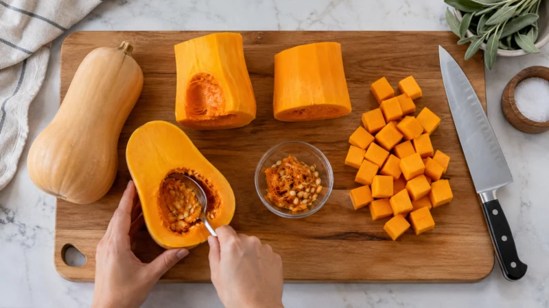 Butternut squash being seeded, peeled and cut into cubes
