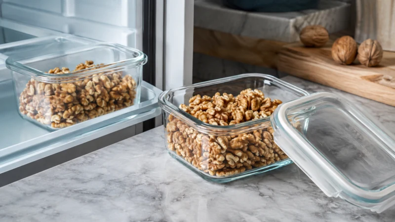 Walnuts stored in airtight glass containers to help preserve freshness and walnut health benefits