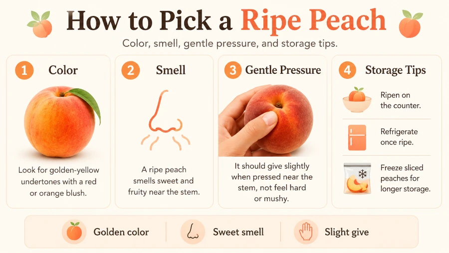 Visual guide to choosing a ripe peach by color, smell, and gentle pressure, plus storage tips.