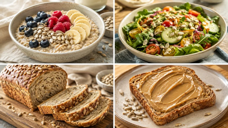 Sunflower seeds served on oatmeal, sprinkled over salad, baked into bread, and spread as sunflower seed butter on toast