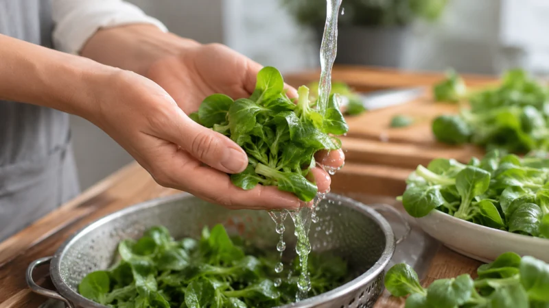 Rinsing mâche lettuce leaves before preparing a salad