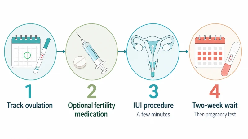 Four-step IUI treatment timeline showing ovulation tracking, optional fertility medication, insemination, and the two-week wait