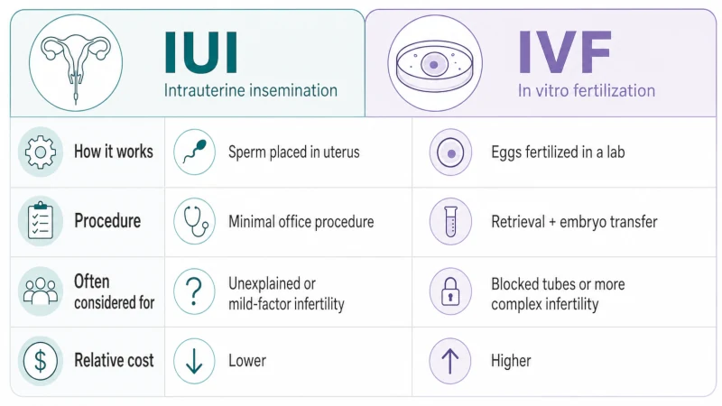 Comparison infographic showing differences between IUI and IVF in procedure, invasiveness, common uses, and relative cost