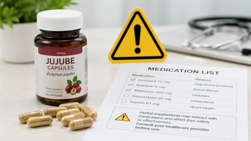 Jujube capsules next to a medication list and caution icon