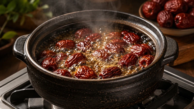 Dried jujubes simmering in a pot for tea