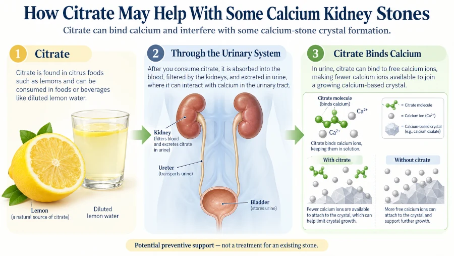 Educational diagram showing citrate binding calcium in urine and reducing formation of some calcium stone crystals.