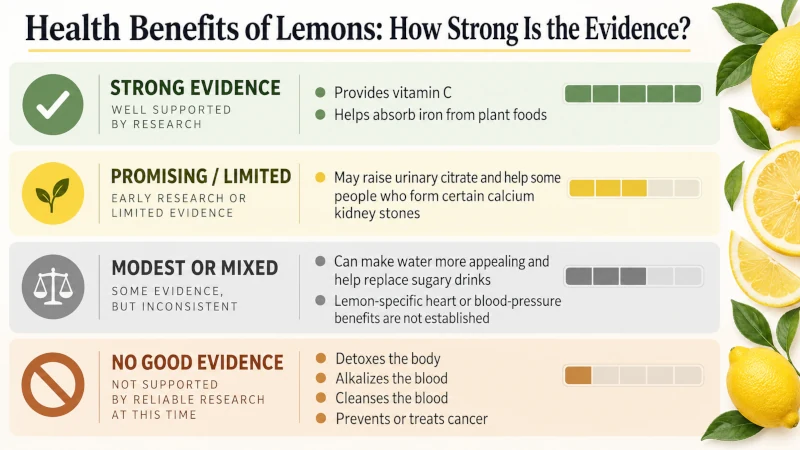 Chart grading lemon health benefit claims from strong evidence to no evidence.