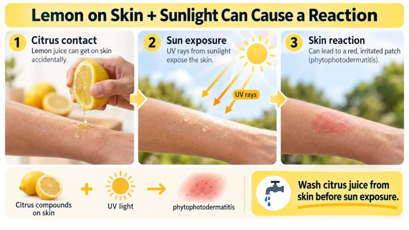 Illustration showing citrus juice on skin followed by sunlight potentially causing phytophotodermatitis.