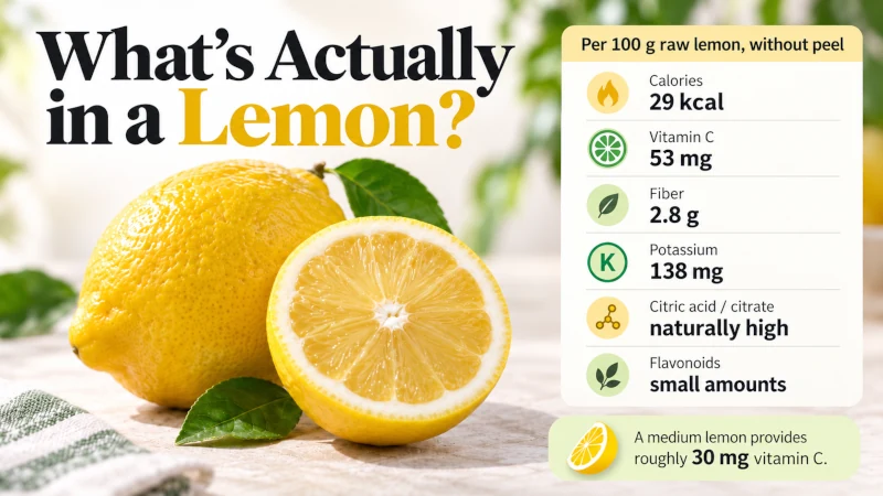 Health benefits of lemons showing vitamin C, citrate, fiber, potassium, and calories.