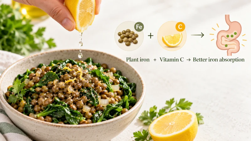 Lentils and leafy greens with lemon illustrating how vitamin C can improve absorption of plant iron.