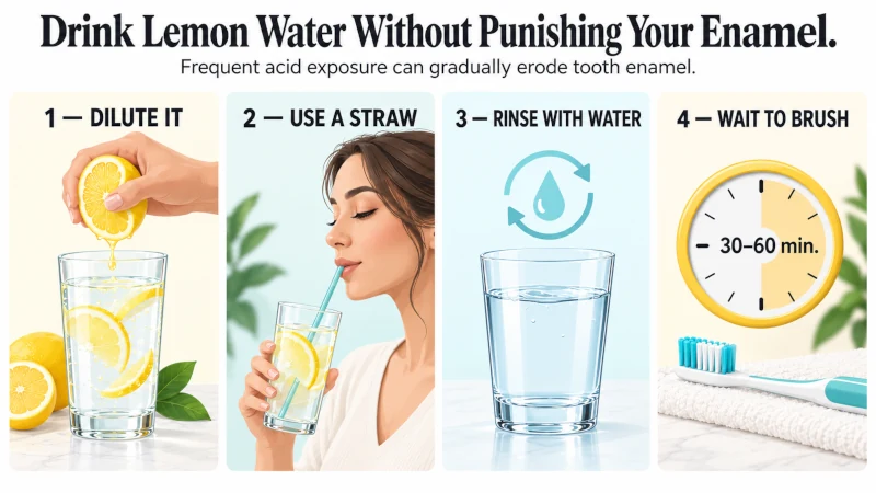 Four steps for reducing enamel exposure from lemon water: dilute it, use a straw, rinse with water, and wait before brushing.