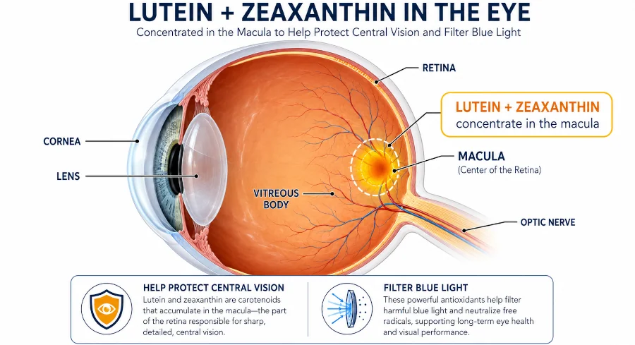 Diagram of the eye showing lutein and zeaxanthin concentrating in the macula of the retina.