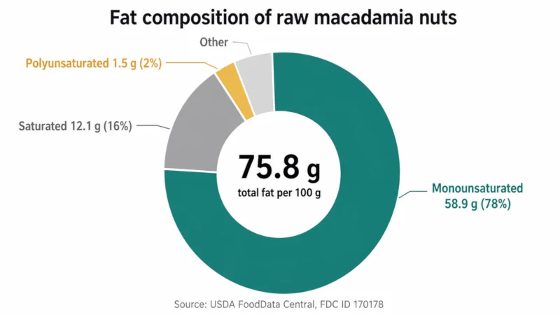 Donut chart showing macadamia nut fat is 78 percent monounsaturated, 16 percent saturated and 2 percent polyunsaturated