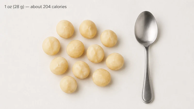 Overhead photo of a one-ounce portion of about eleven whole macadamia nuts beside a standard tablespoon for scale