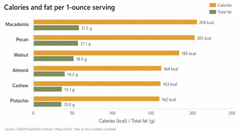Bar chart comparing calories and total fat per ounce for macadamia, pecan, walnut, almond, cashew and pistachio nuts