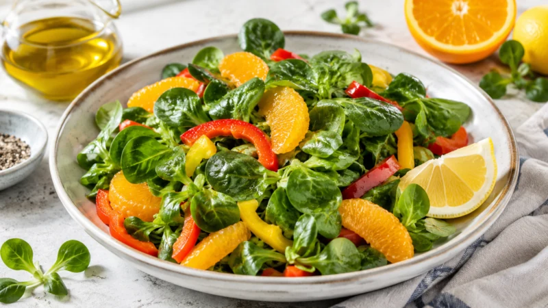 Mâche lettuce salad served with lemon and olive oil