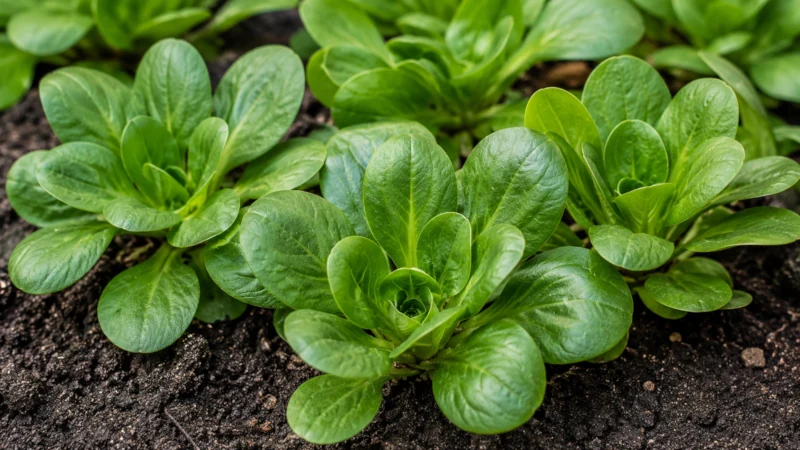 Mâche lettuce plant showing its small spoon-shaped leaves