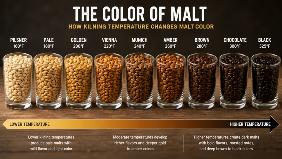 Row of malt samples ranging from pale gold to near-black, showing how kilning temperature changes malt color