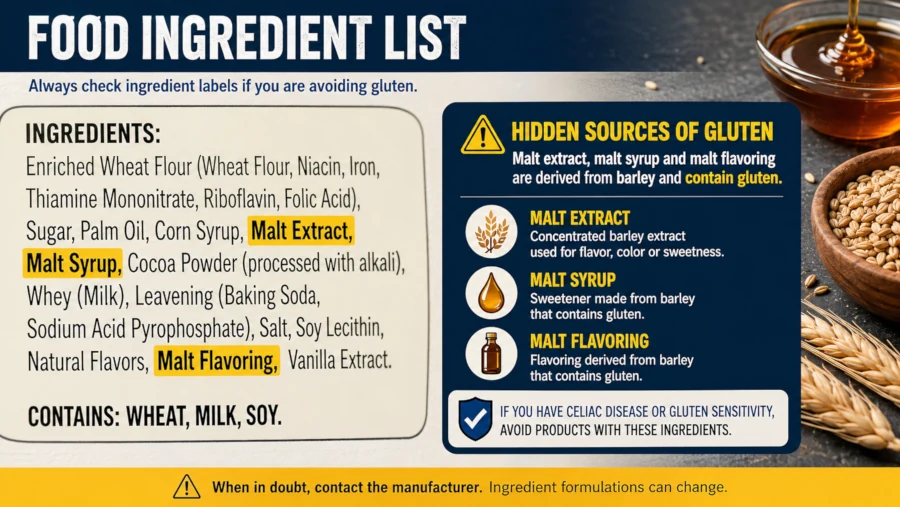 Food ingredient list with malt extract, malt syrup and malt flavoring highlighted as gluten-containing ingredients