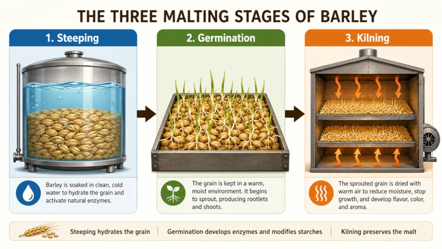 Diagram of the three malting process stages: steeping barley in water, germinating the grain, and kilning it with warm air