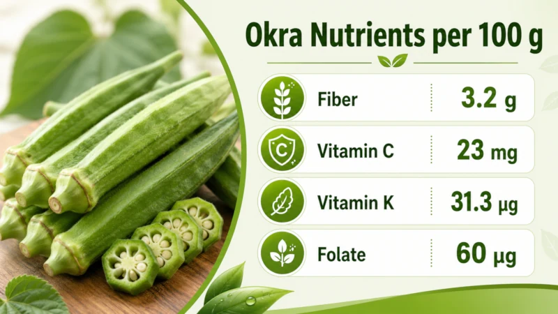 Chart of okra nutrients per 100 grams including fiber, vitamin C, vitamin K and folate