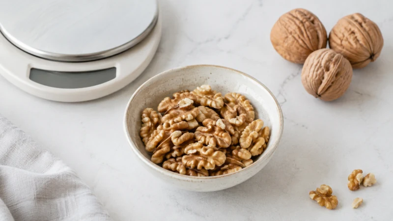 One-ounce serving of walnuts containing approximately 14 walnut halves