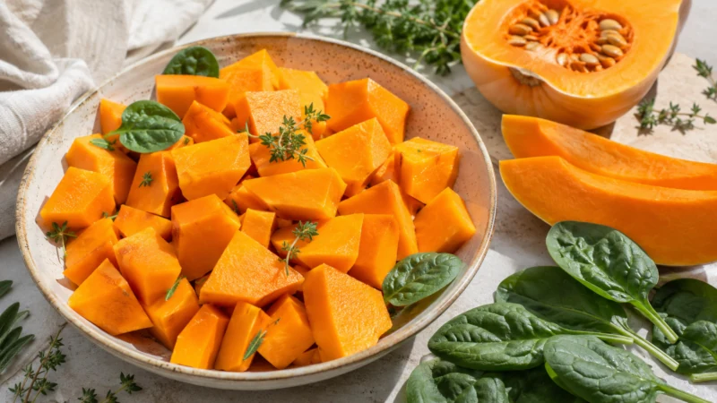 Orange butternut squash cubes with fresh spinach leaves
