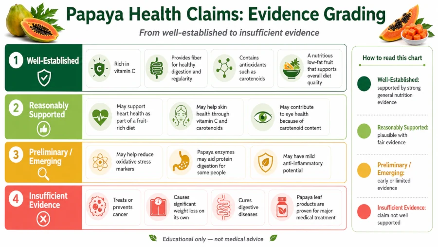 Chart grading the health benefits of papaya claims from well-established to insufficient.