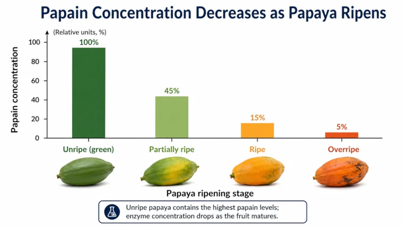 Diagram showing papain concentration decreasing as papaya ripens.