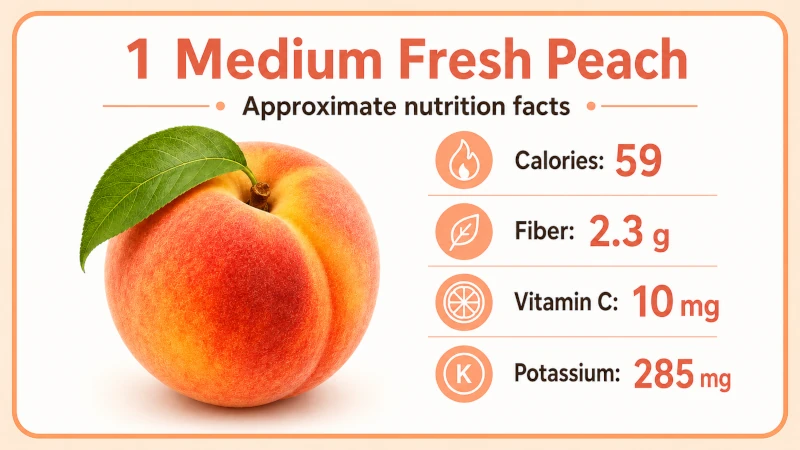 health benefits of peaches and Nutrition facts for one medium fresh peach: calories, fiber, vitamin C, and potassium.