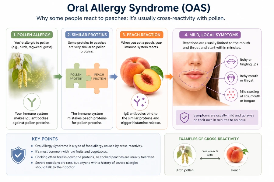 Diagram of oral allergy syndrome showing peach and pollen cross-reactivity and mild mouth-area symptoms.
