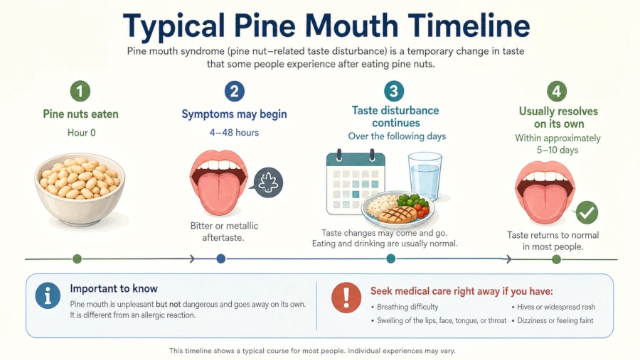 Timeline showing pine mouth onset 4 to 48 hours after eating pine nuts and resolution over 5 to 10 days.
