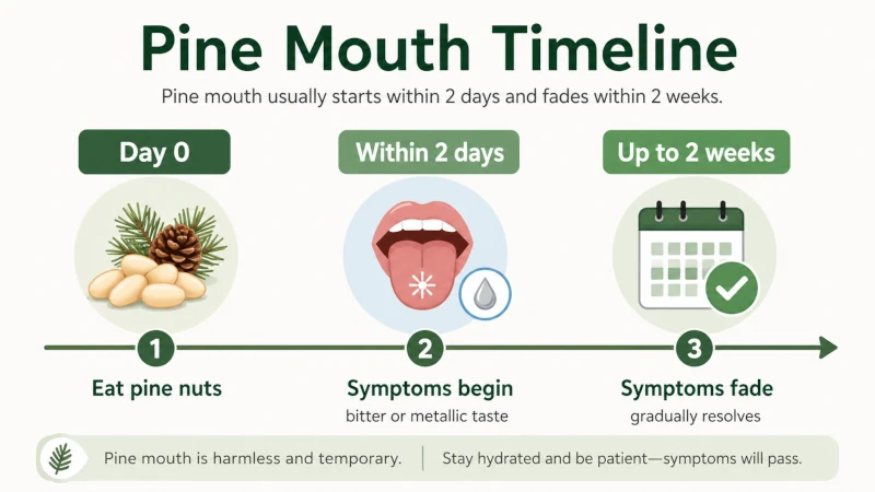 Timeline: pine mouth starts within two days and fades within two weeks.